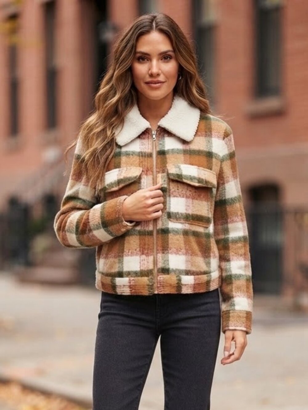Sherpa Bomber Jacket Tan Plaid Jacket With Sherpa Collar Tan Gray Size M